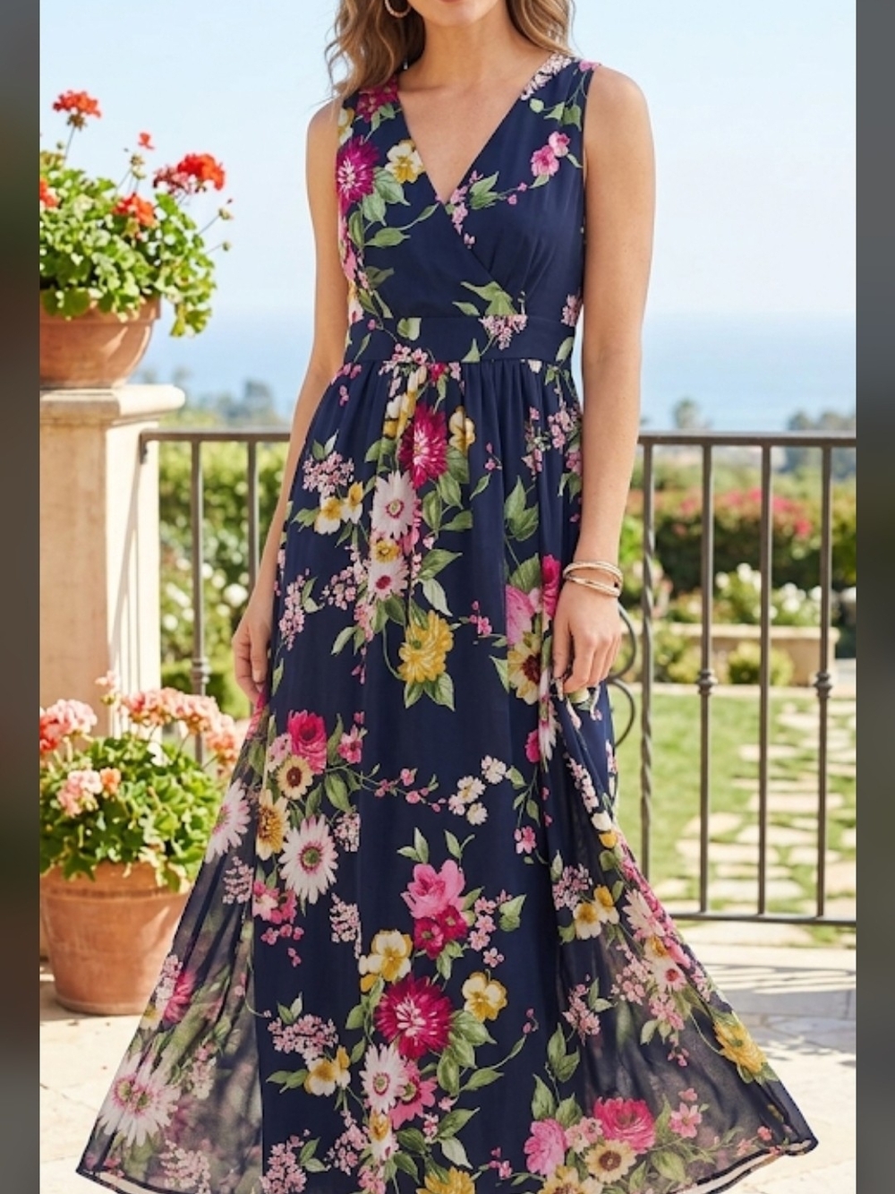NWT Anne KLEIN Sleeveless Navy Floral Maxi Dress RETAIL $189
